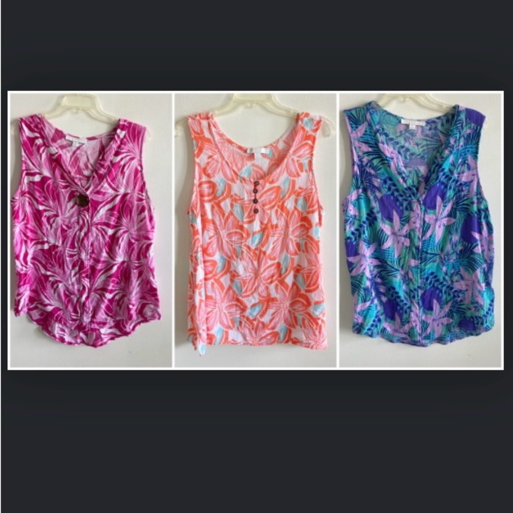 LOT‎ of 3 sleeveless tropical floral beach tops XL Juniper + Lime